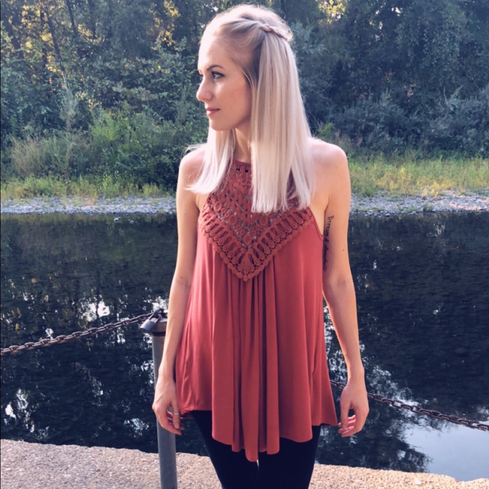 Crochet high neck tunic top in rust